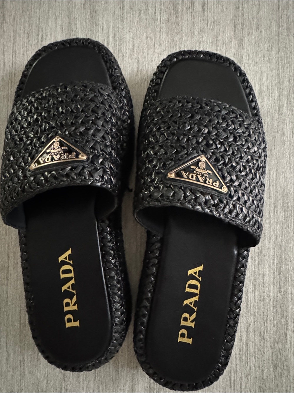 Prada Black Woven Slide Sandals with Gold Logo